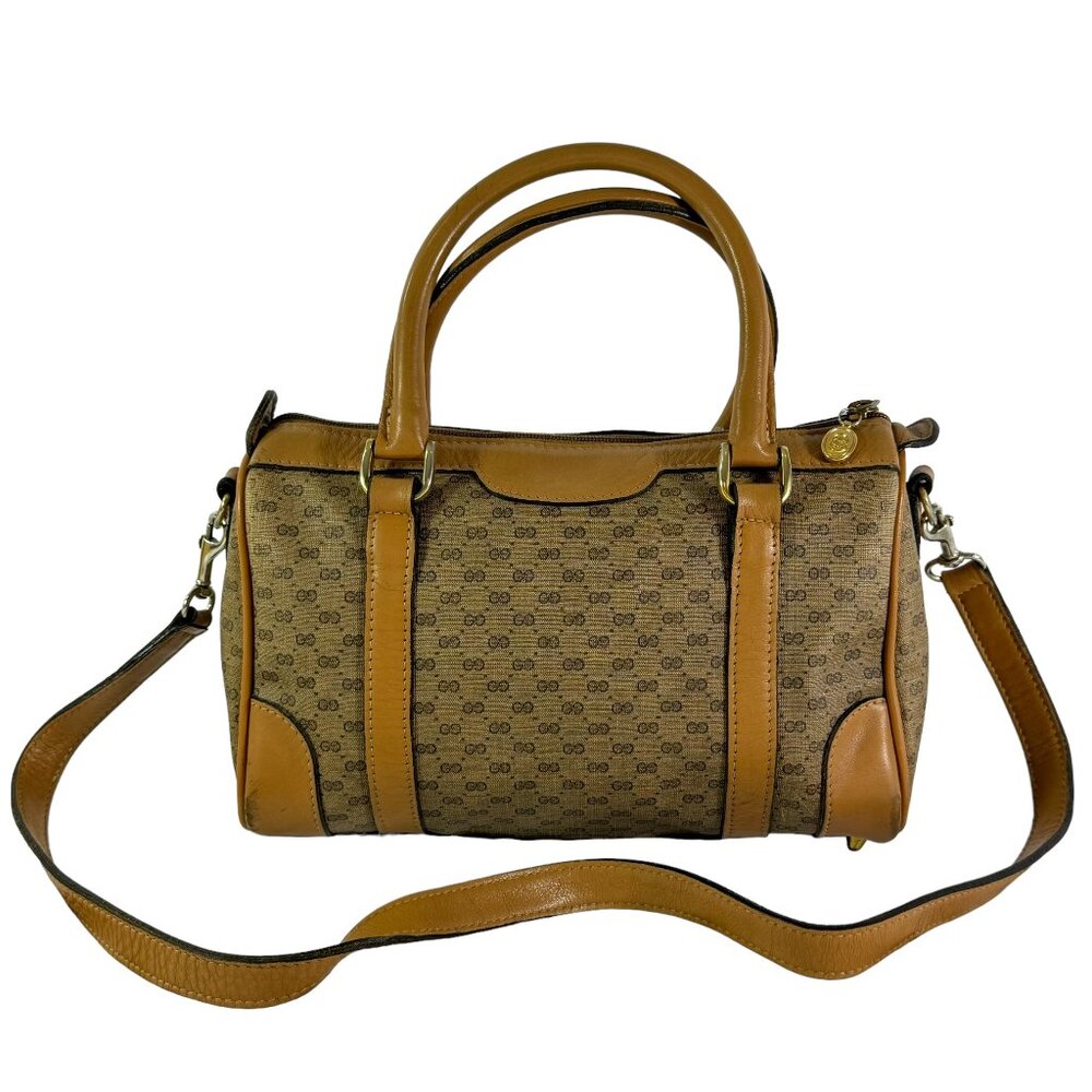 70's GUCCI Beige Canvas Tan Leather Micro GG Monogram Satchel Made in Italy